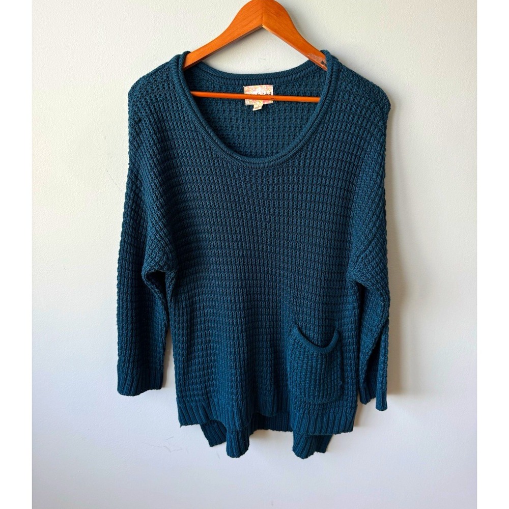 Missguided Women's Sz L Teal Waffle Knit Slouchy Pullover Scoop Neck Pocket"